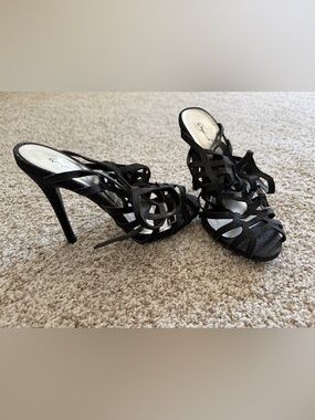 Qupid Black Cut-Out Lace-Up High Heel Sandals